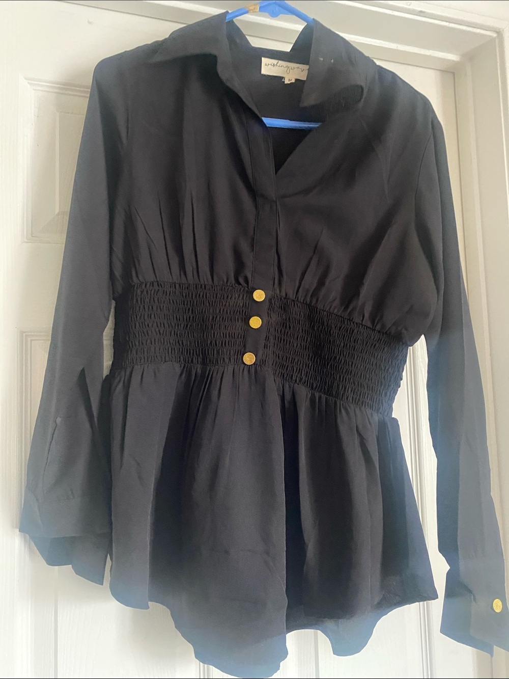 Black Smocked-Waist Button Front Blouse by Anthropologie